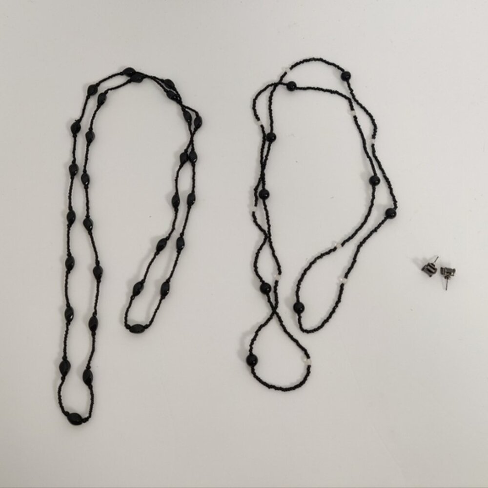 Elegant Black Beaded Necklaces and Square Earrings Set